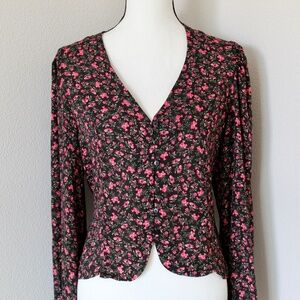 Black & Pink Floral Print Balloon Sleeve Button Front Shirt